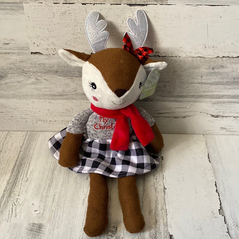 Deer My 1st Christmas Knit Rattle & Crinkle Plush Baby Toy NEW